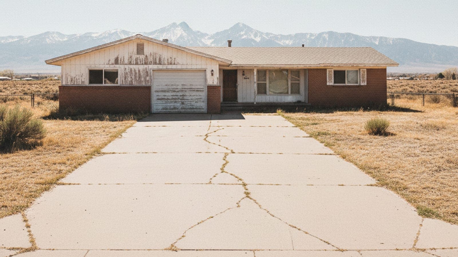 A single-story house with peeling paint and a cracked driveway sits in a dry field, with snow-capped mountains under a bright sky.