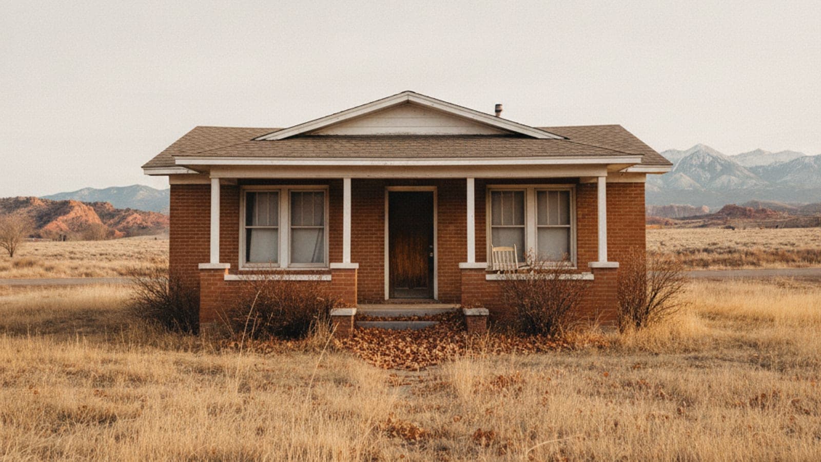 An old brick house stands in a field of dry grass, with distant red hills and snow-capped mountains under a pale sky.