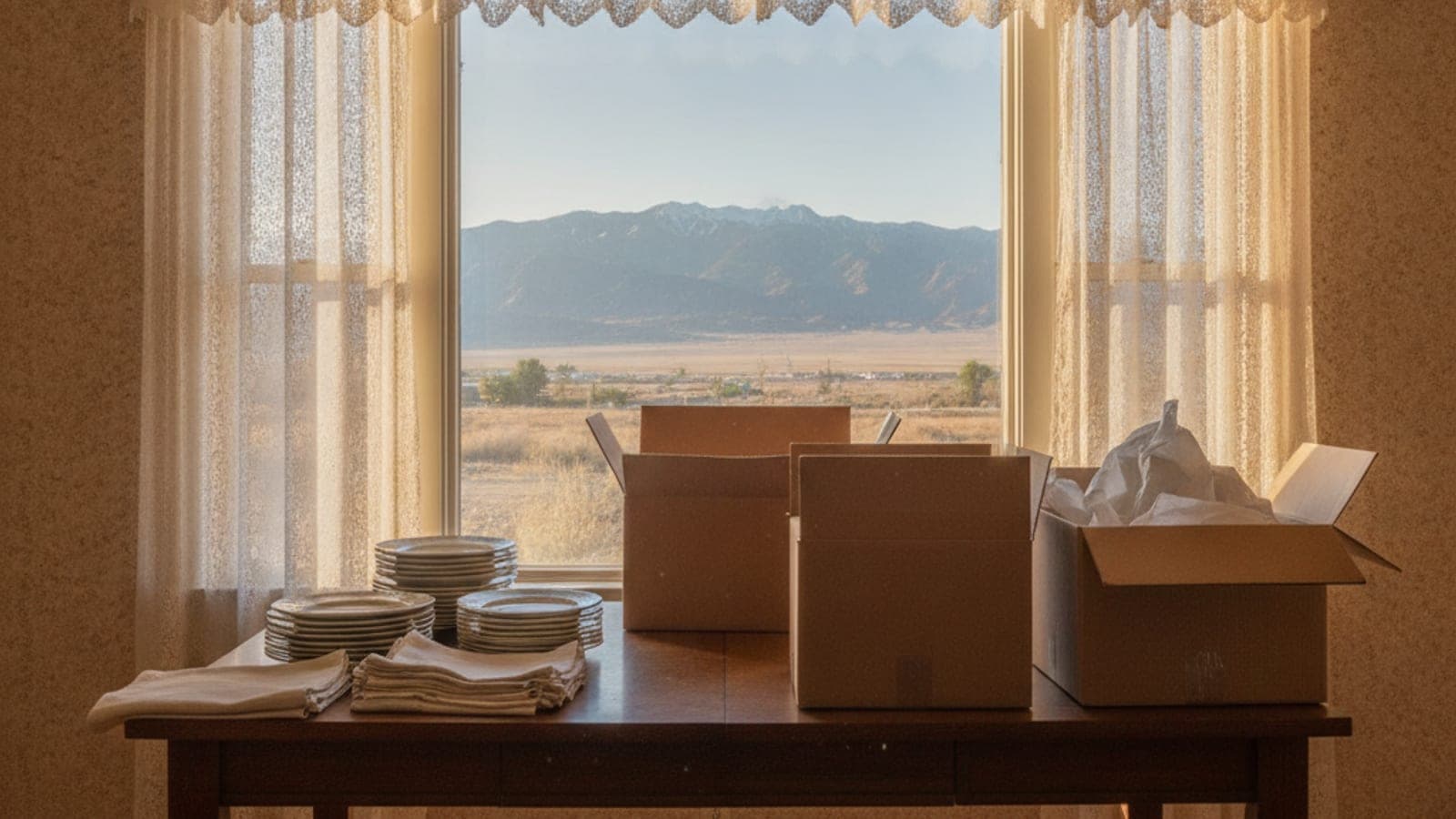 A table with plates, napkins, and moving boxes sits by a window overlooking a dry landscape with mountains under a bright sky.