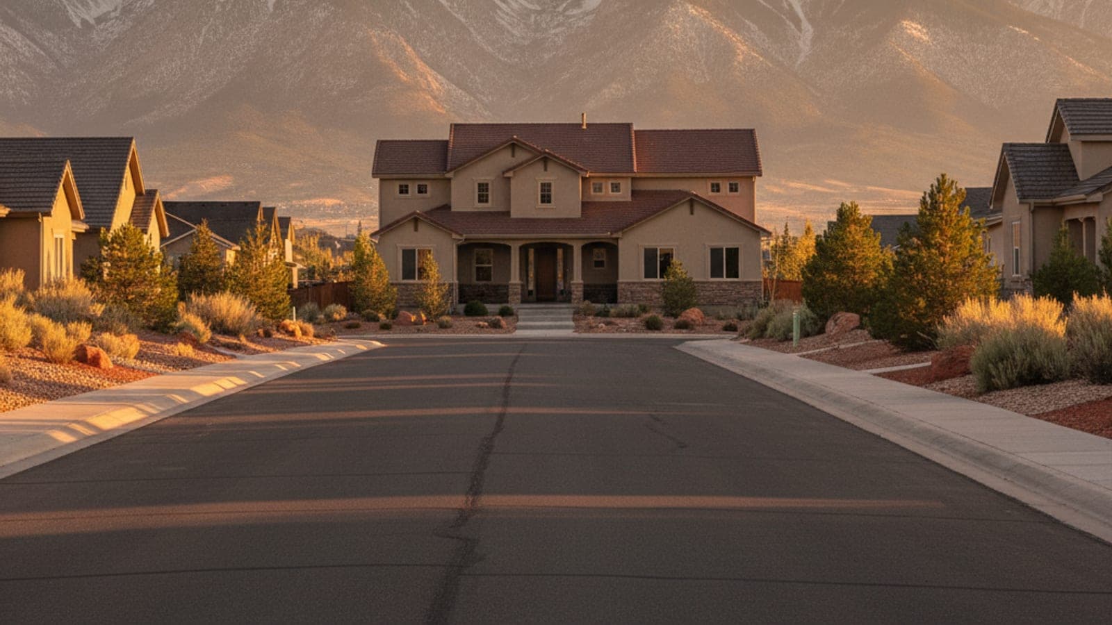 A large, modern house stands at the end of a street lined with other homes and desert plants, with snow-capped mountains under golden light.