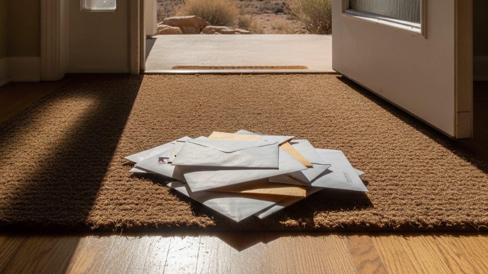 A pile of mail lies on a brown doormat inside an open doorway, with sunlight casting shadows and revealing a dry outdoor landscape.