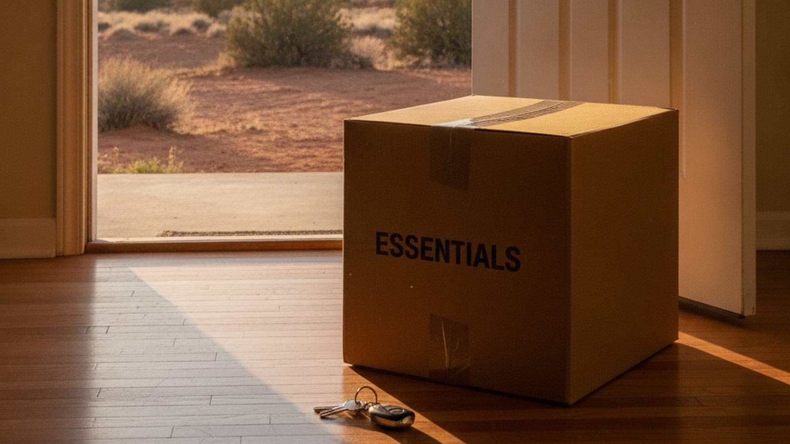A cardboard box labeled "ESSENTIALS" and keys rest on a sunlit hardwood floor, with an open door revealing a desert landscape outside.