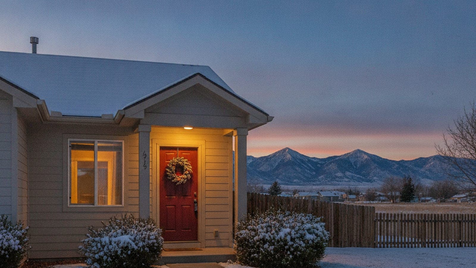 A tan house with a red door, a wreath, snow-dusted bushes, a fence, and mountains under a twilight sky with indoor lights glowing.