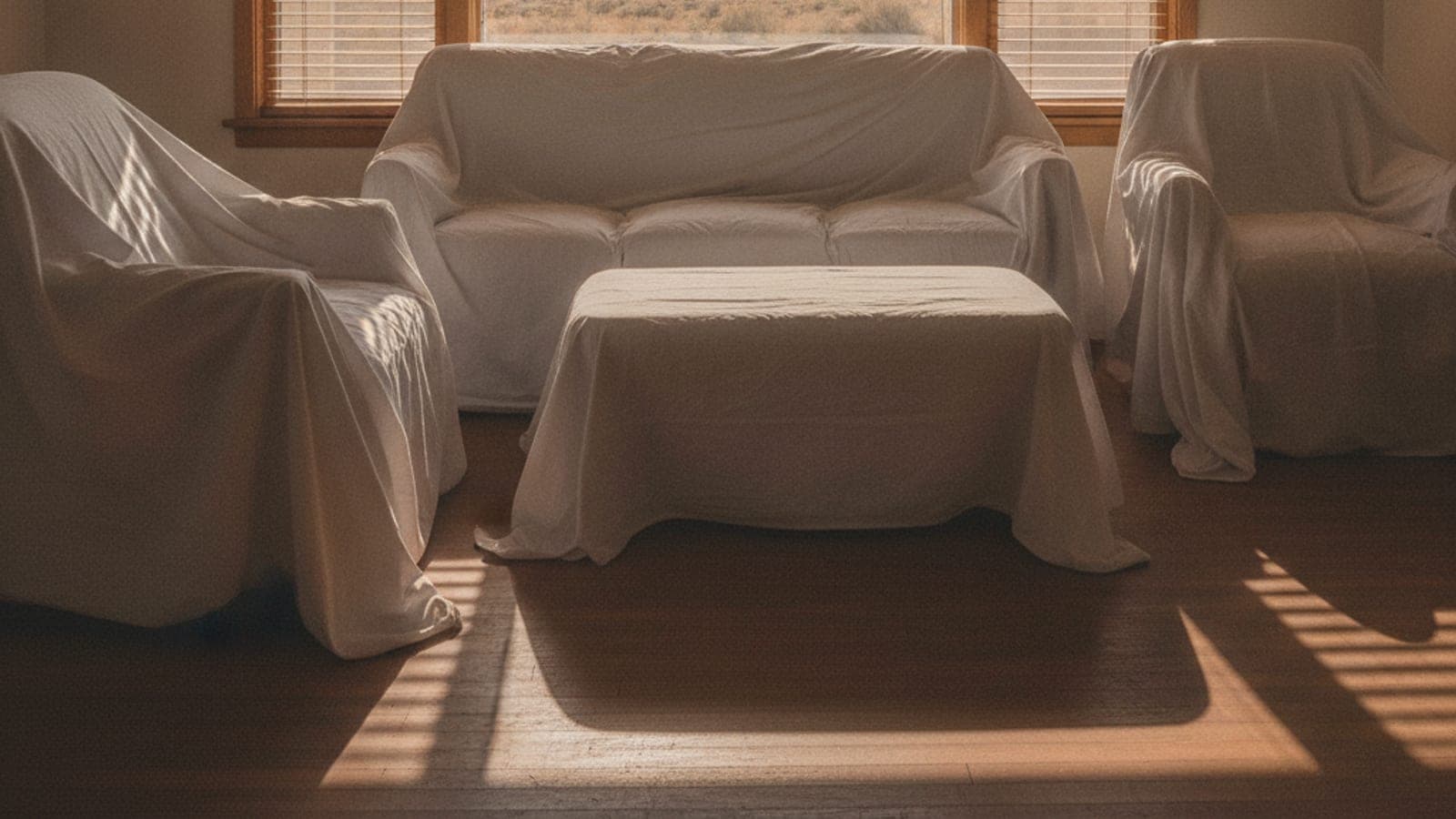 A sofa, two armchairs, and a table covered in white sheets are in a sunlit room with striped shadows from window blinds on the wooden floor.