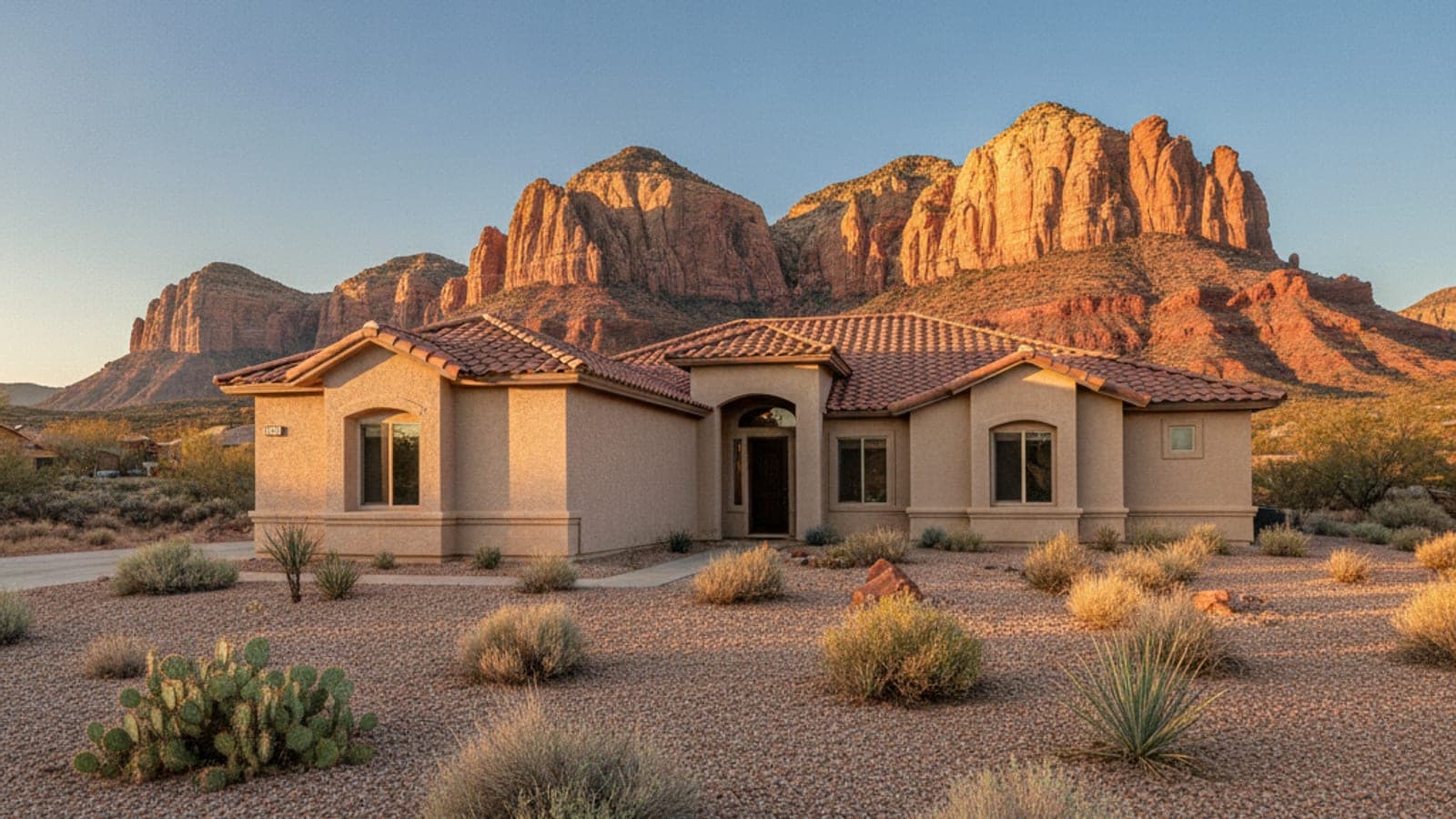 A tan house with a tile roof sits in a gravel desert yard with cacti, backed by sunlit red rock mountains under a clear sky.