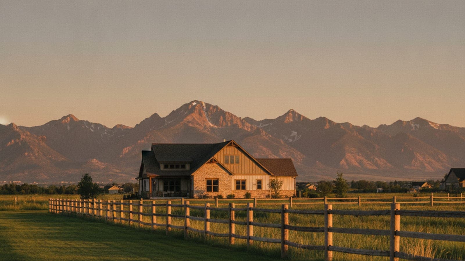 A house with a wooden fence in a field, backed by snow-capped mountains under a warm sunset sky.