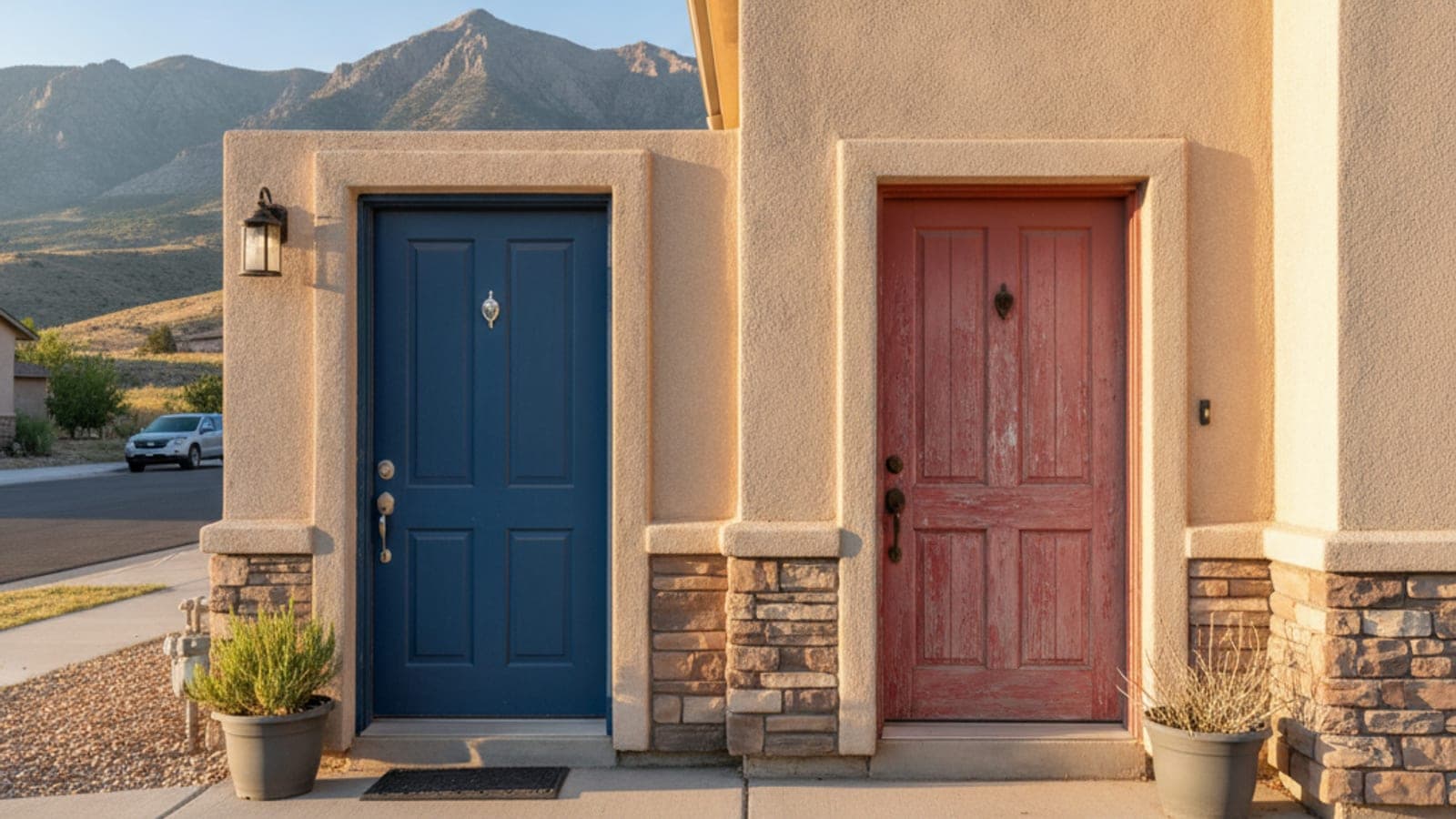 Two adjacent front doors, one blue and one faded red, on a stucco house with mountains in the background under warm sunlight.