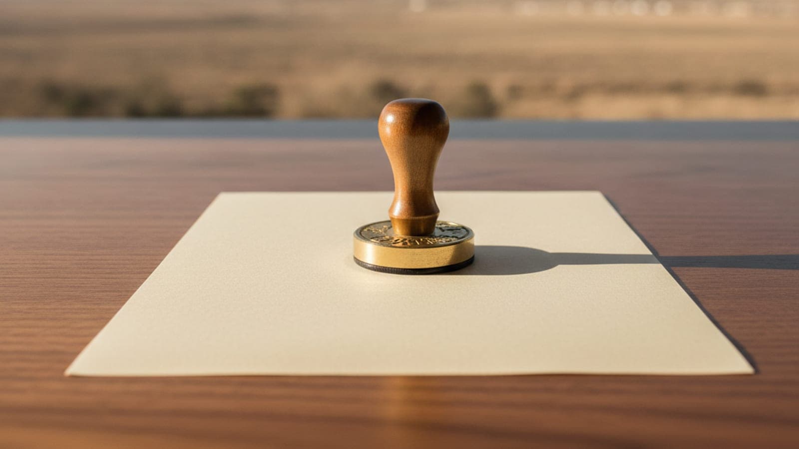 A wooden-handled stamp rests on a beige paper on a wooden table, casting a long shadow.