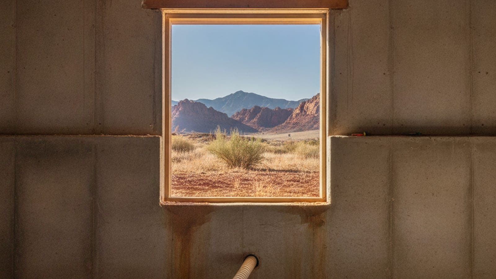 A window in a concrete wall looks out onto a sunny desert landscape with mountains and a large central bush.