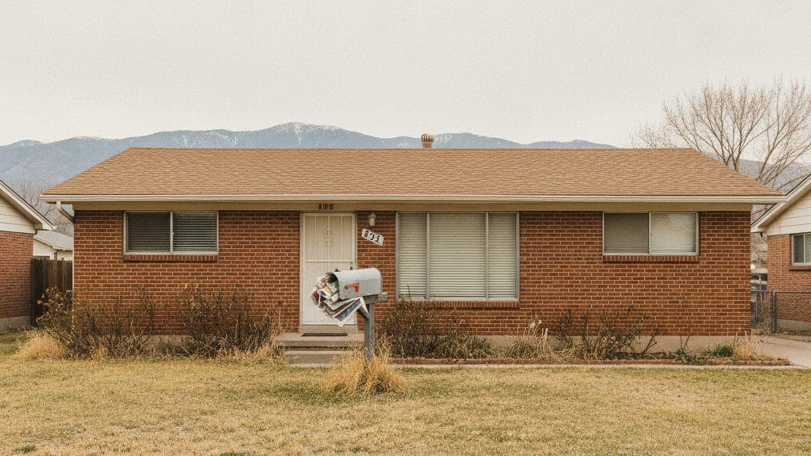 A brick house with a brown roof and an overflowing mailbox sits in a dry yard, with mountains under an overcast sky.