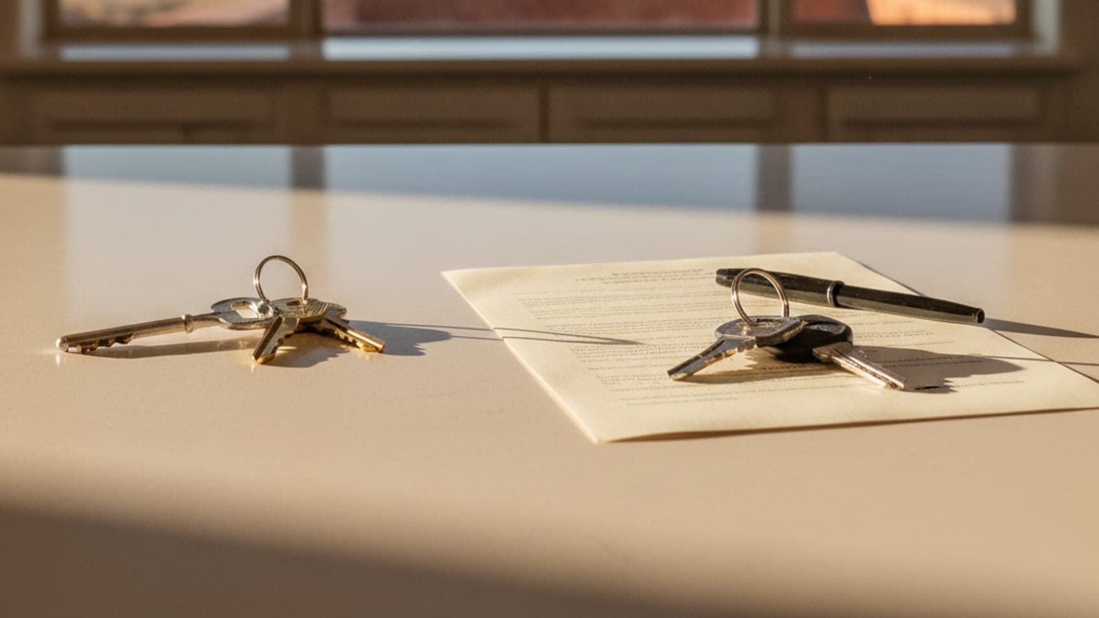 A document, a pen, and two sets of keys rest on a table, illuminated by warm sunlight casting long shadows.