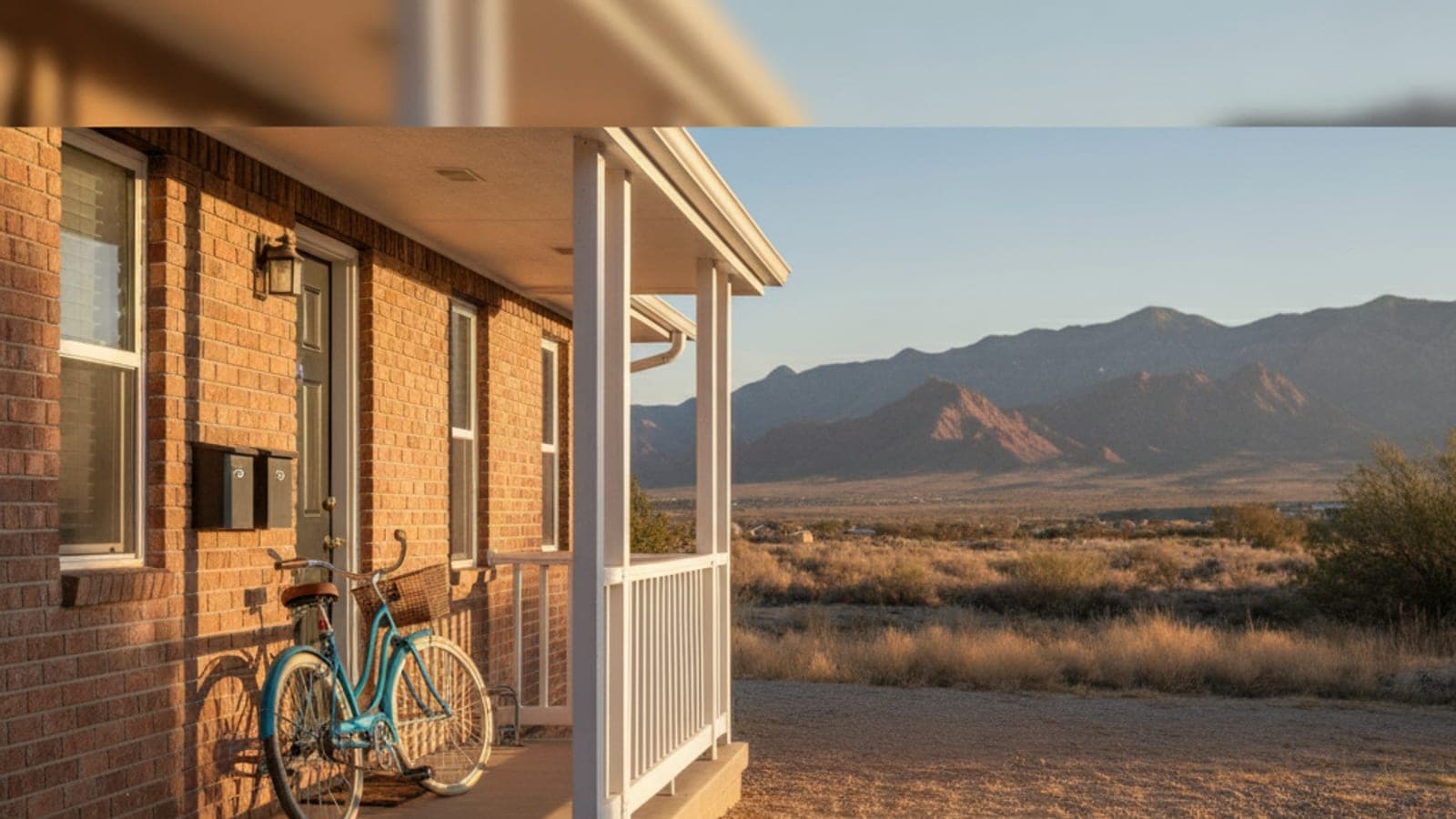 A brick house porch with a blue bicycle in golden sunlight overlooks a vast desert landscape with mountains.