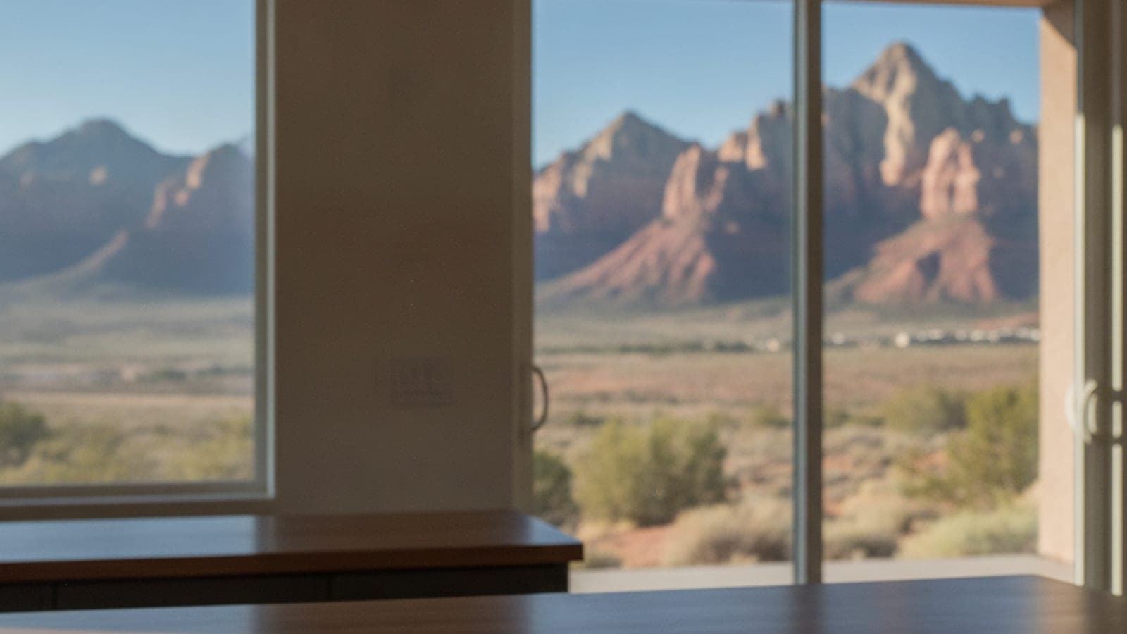 A room with a wooden counter in the foreground, looking out through large windows at sunlit red mountains and a desert landscape.