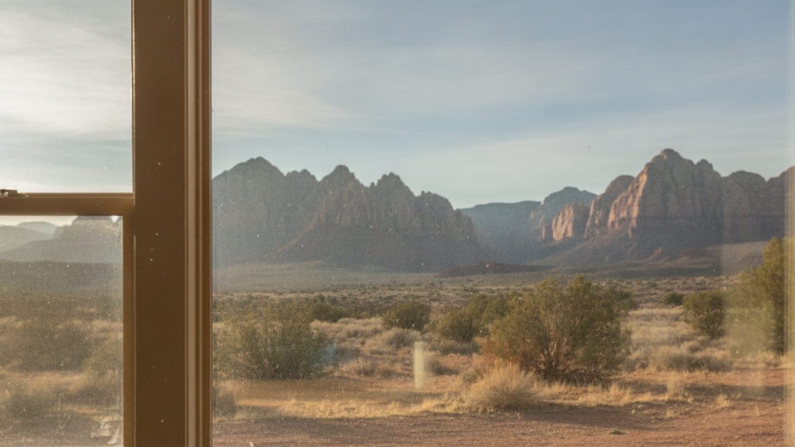 A dusty window frames a sunlit desert landscape with rugged mountains against a pale blue sky.