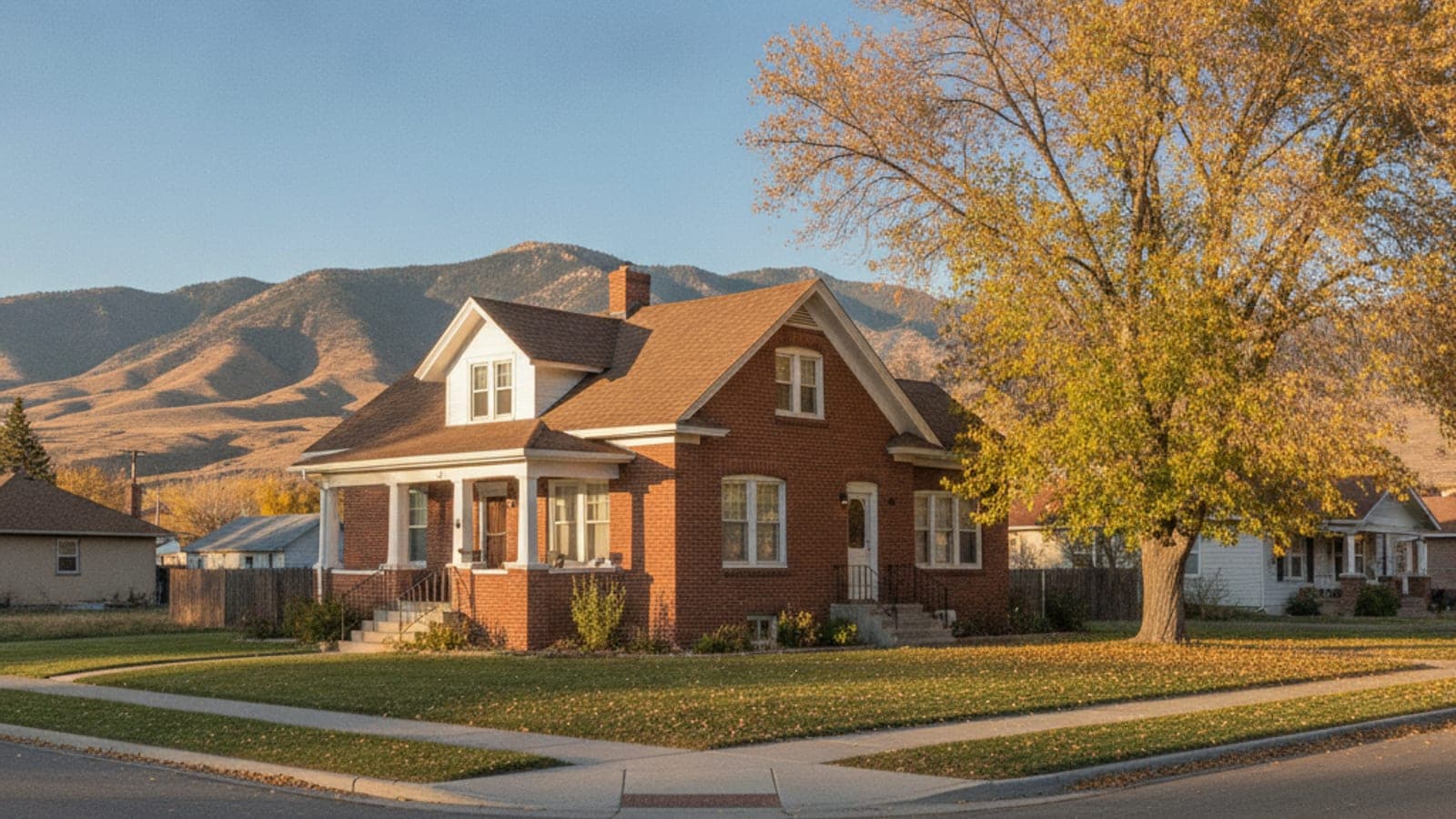 A red brick house on a street corner with a golden-leaved tree and dry mountains under a clear, sunny sky.