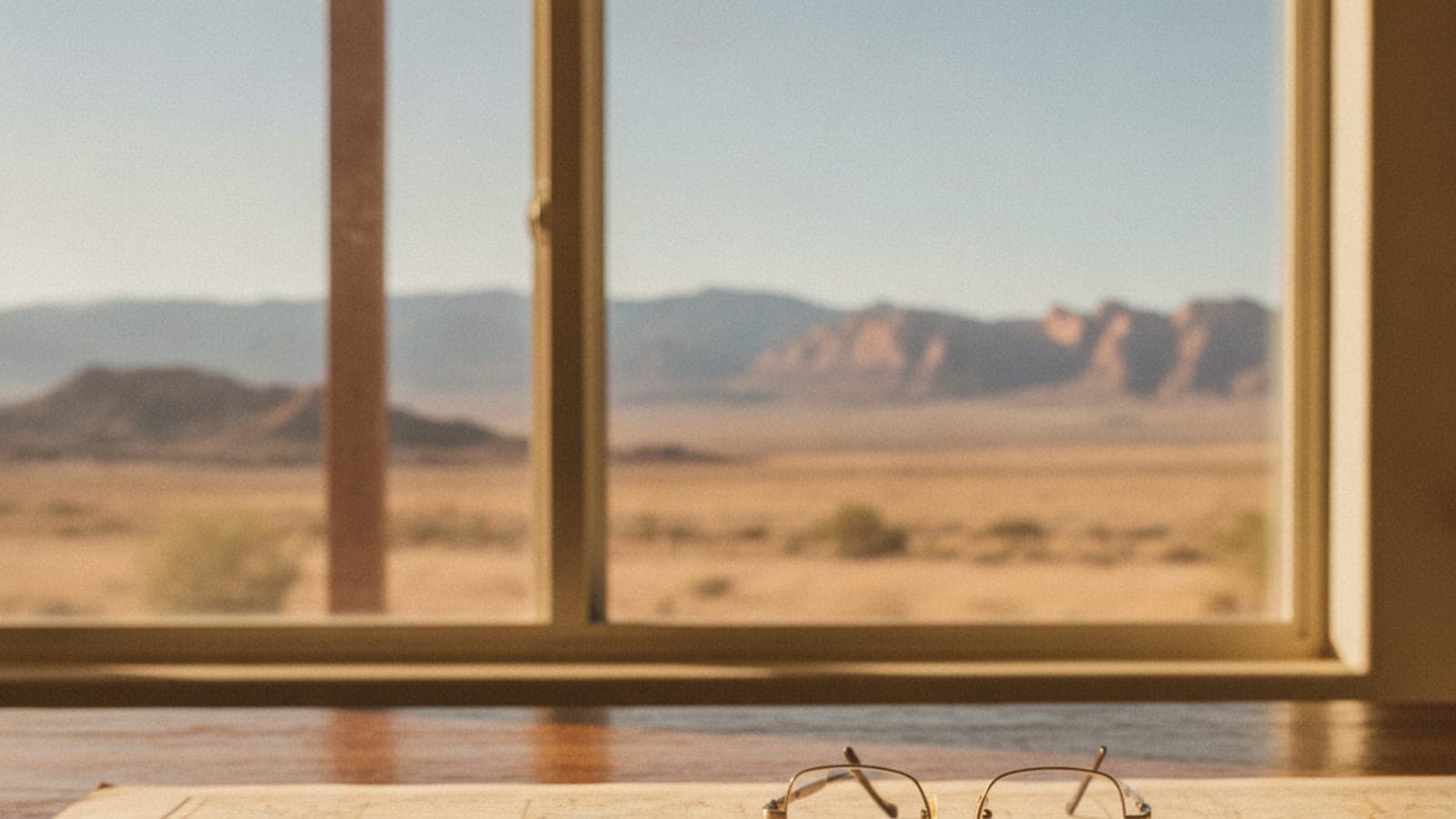 Eyeglasses on a wooden table look out through a window at a sunlit desert landscape with mountains in the distance.