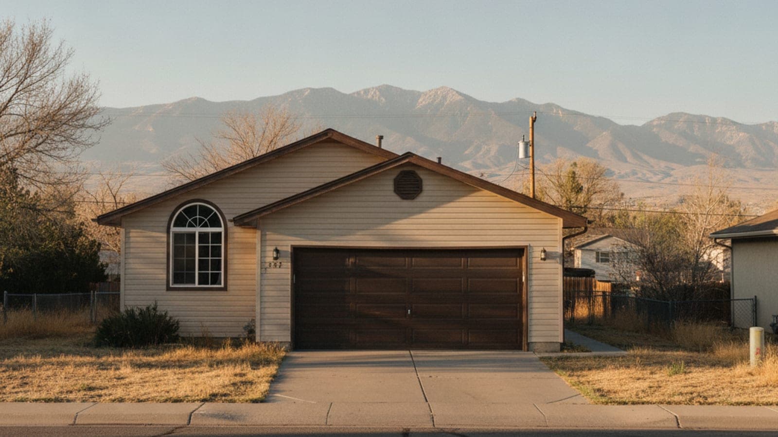 A single-story, light tan house with a dark brown garage door and arched window in front of hazy mountains in warm sunlight.